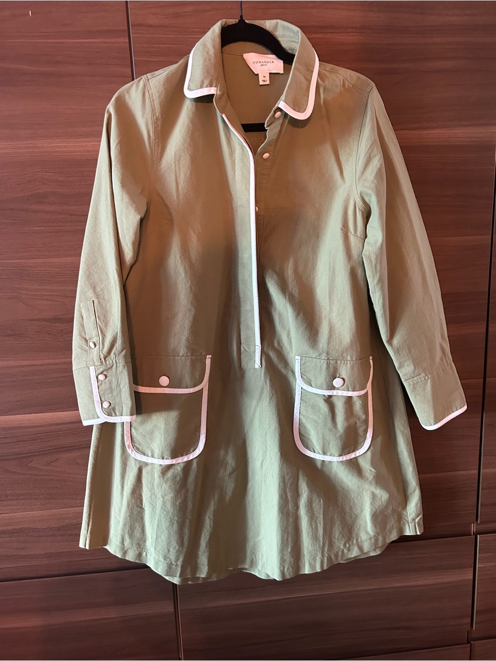 Pomander Place Olive Green Trench Coat with White Trim